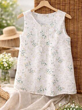 Laura Bianchi 100% Linen Floral Tank Sz L Made in Italy Cottagecore Lightweight